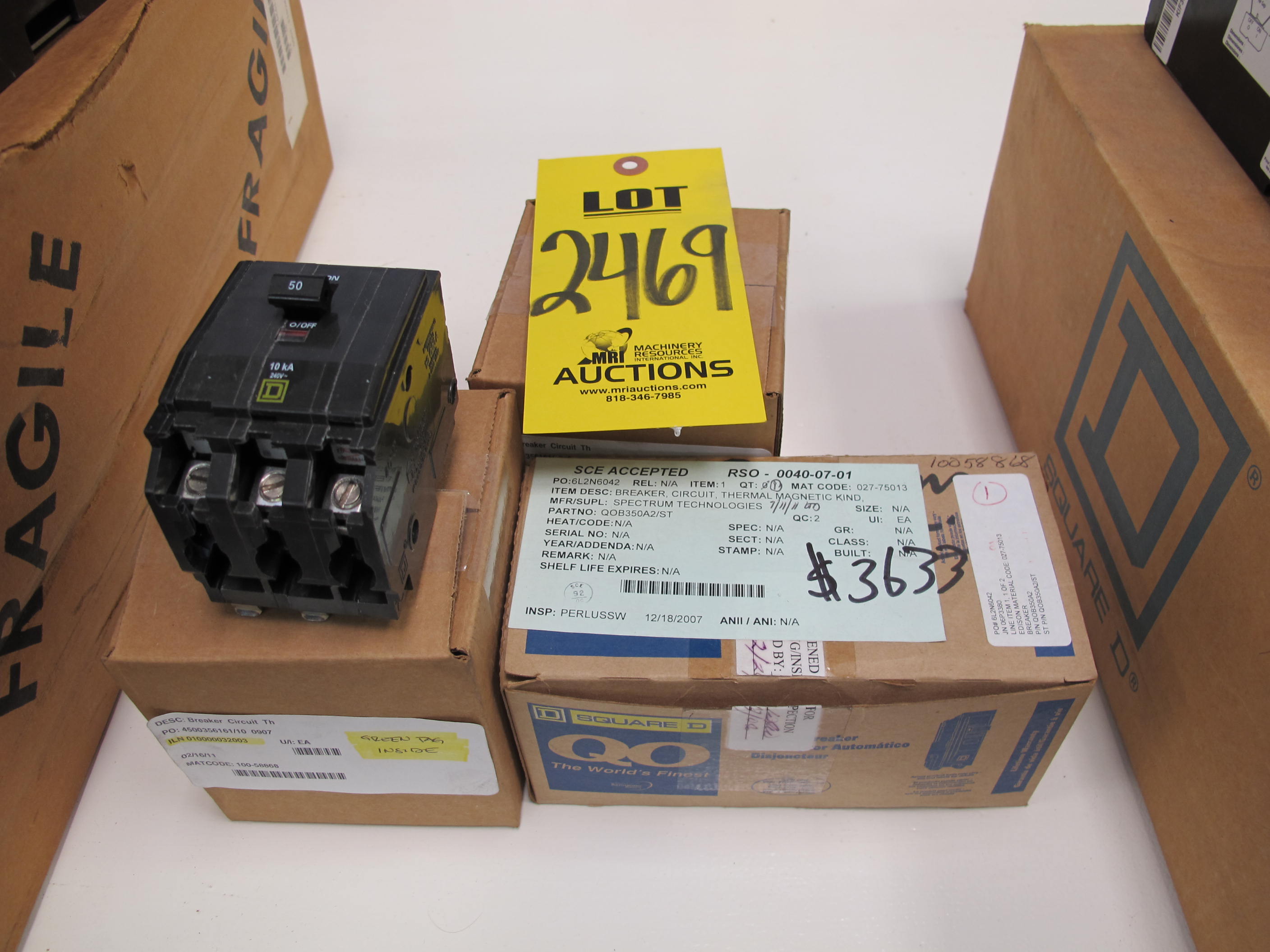 LOT (3) BREAKERS, CIRCUIT TYPE, THERMAL MAGNETIC KIND, 50 AMP RATING, 240 VAC VOLT RATING, 3 POLE. MOLDED CASE, 10KA INTERRUPT RATING AT 240 VAC BREAKER, PART # QOB350A2/ST (W-44) LOADING & HANDLING FEE $5-